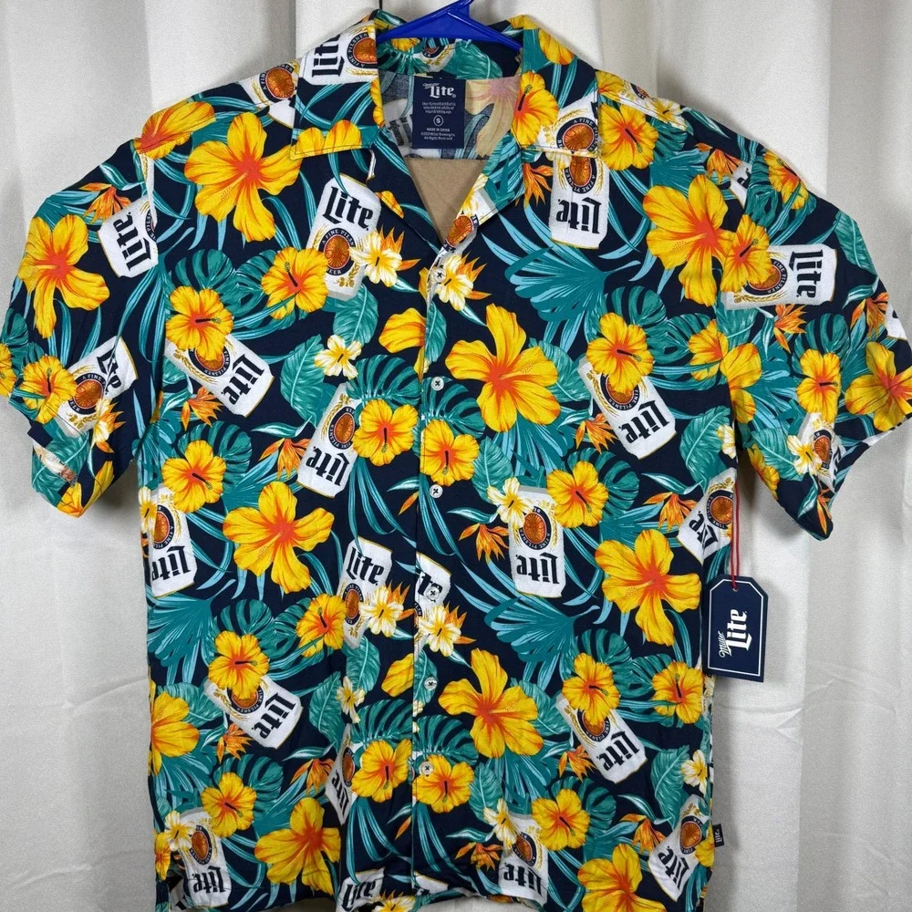 Miller Lite Tropical Cans Haw. Shirt Sleeve Button Front Size S